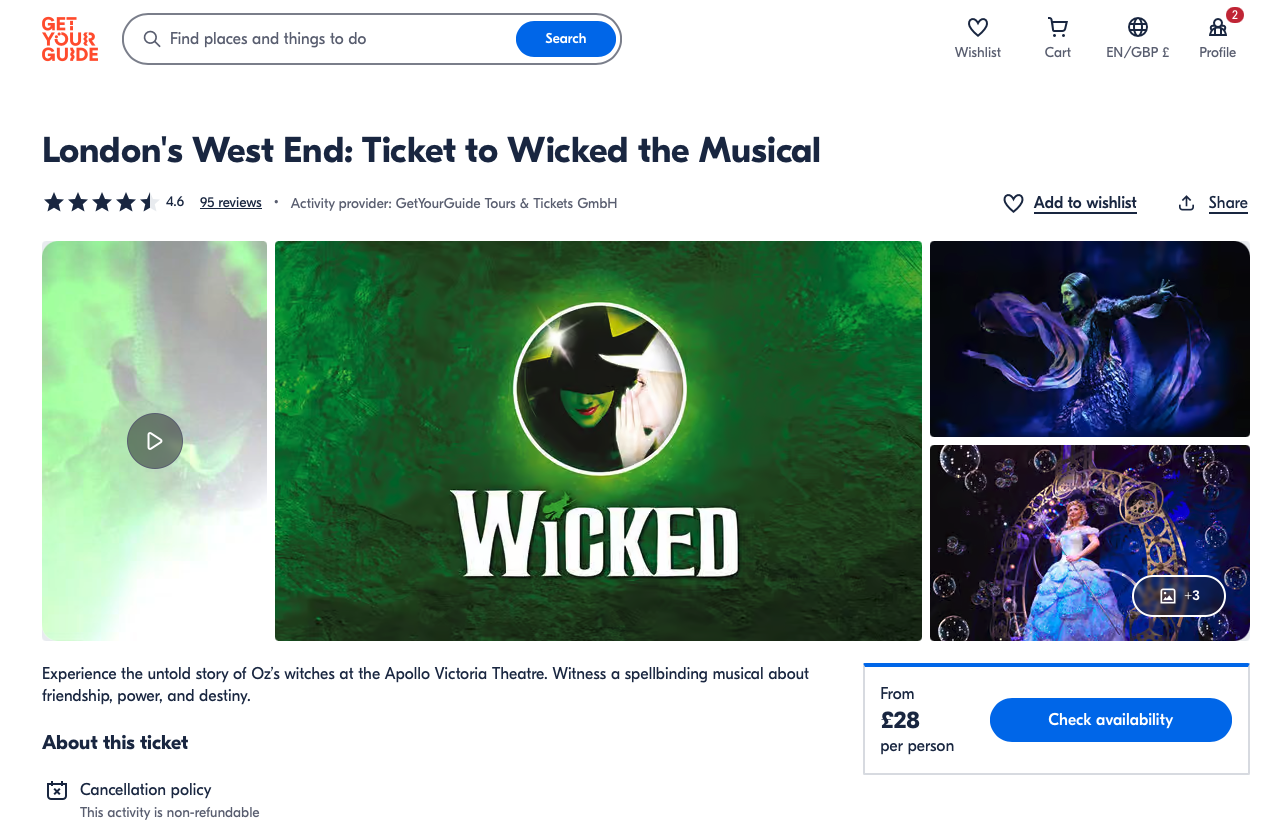 Website page displaying theatre tickets for Wicked the Musical